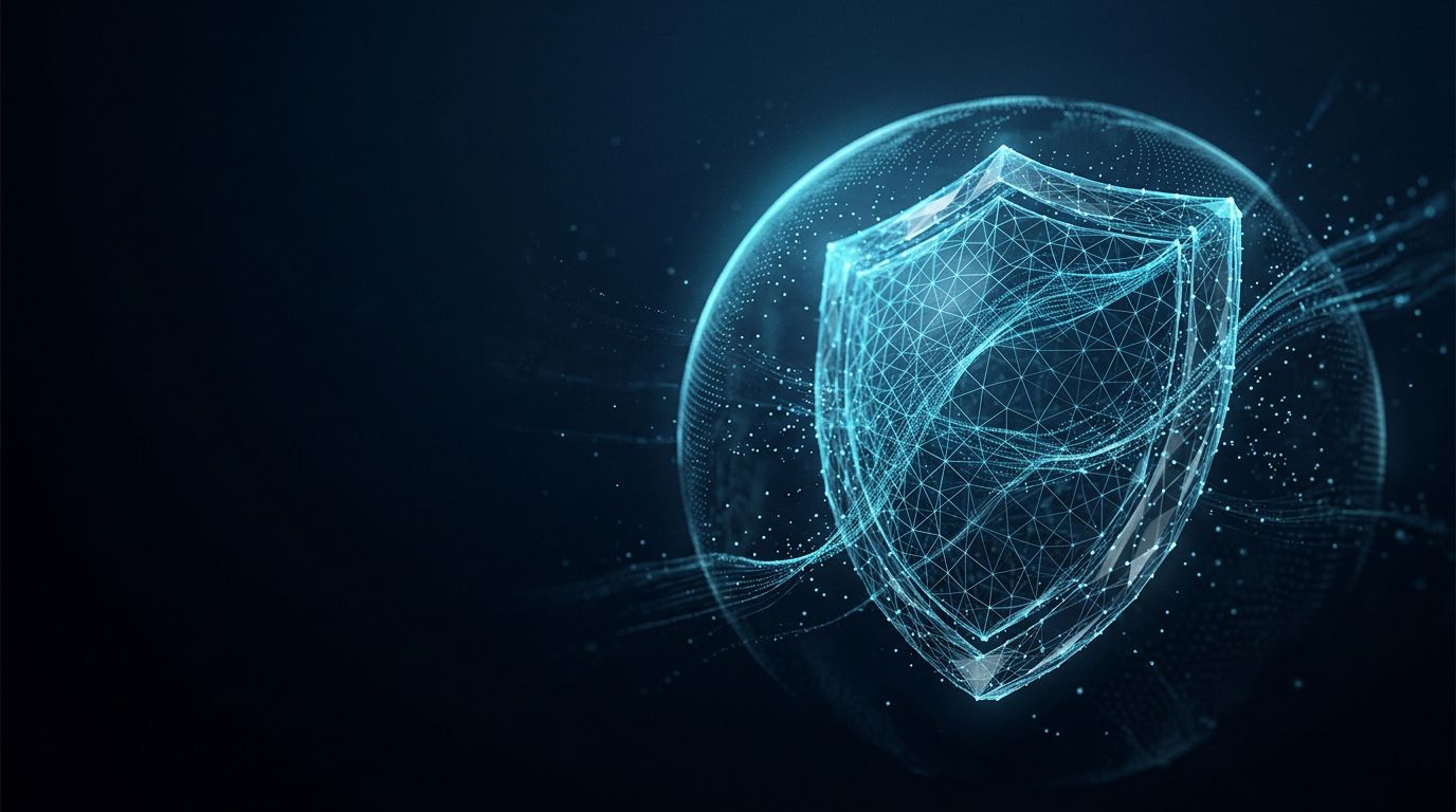 Digital shield icon with polygonal mesh inside a glowing sphere, representing global cybersecurity and data protection.
